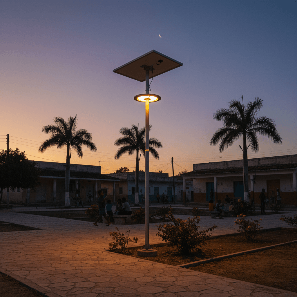 Solar street light illuminating an outdoor plaza at dusk in tropical setting
