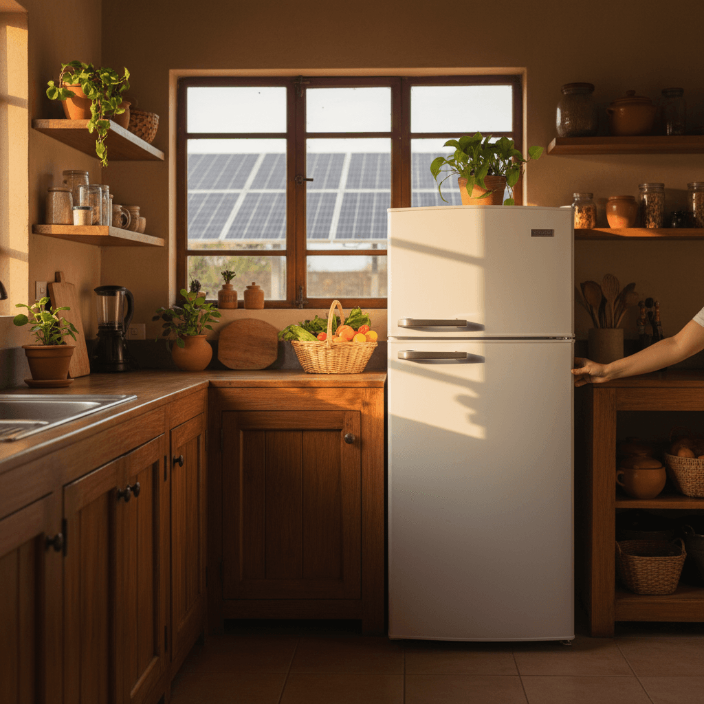 Solar-powered refrigerator installed in a Central American kitchen