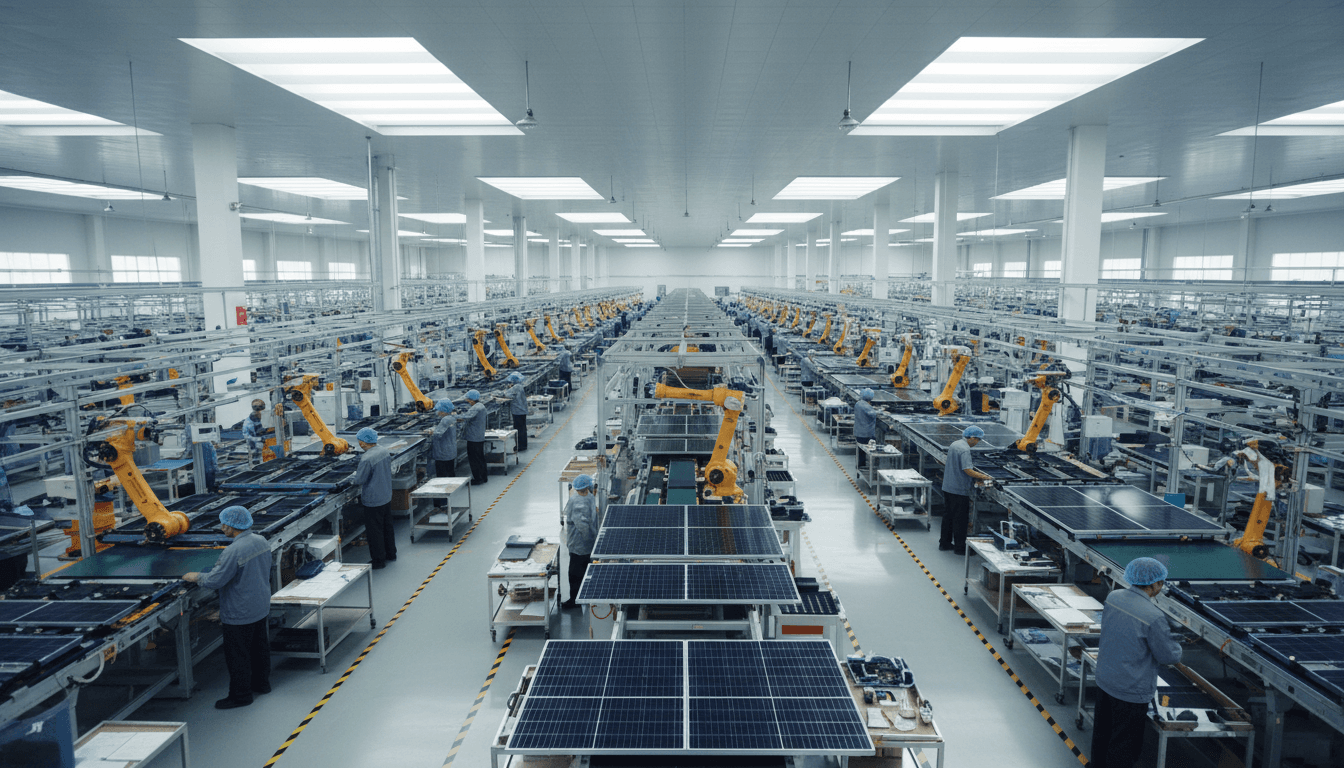 Solar panel manufacturing facility with quality control and production line