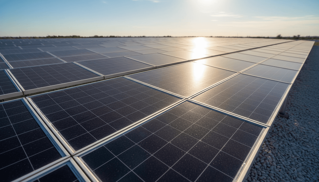 Solar panel array installed on residential roof with technician for scale