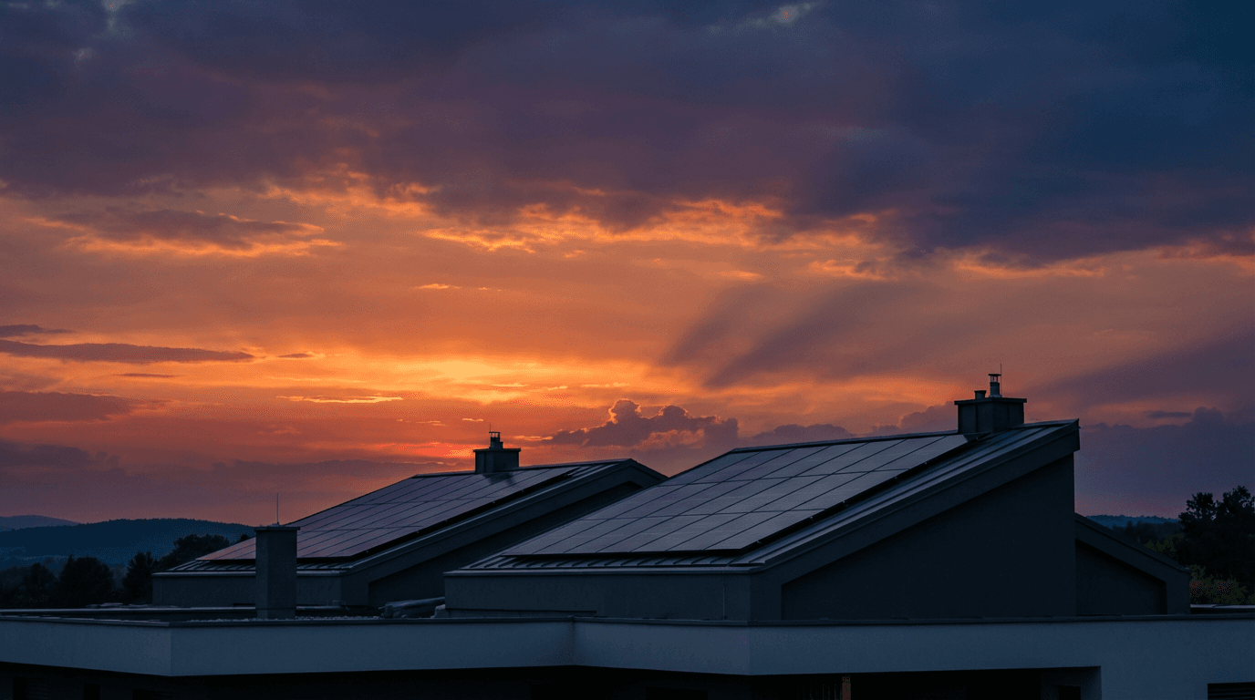 Solar panels installed on a residential rooftop with technician inspecting the system