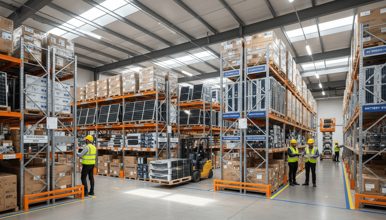 Organized solar warehouse with panels and batteries in Panama City