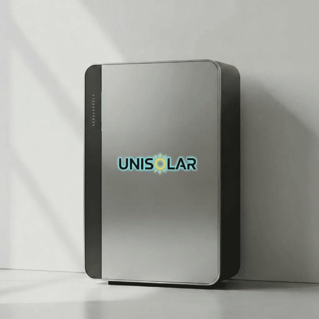 Sleek silver Unisolar home battery storage unit against a white wall with soft shadows.